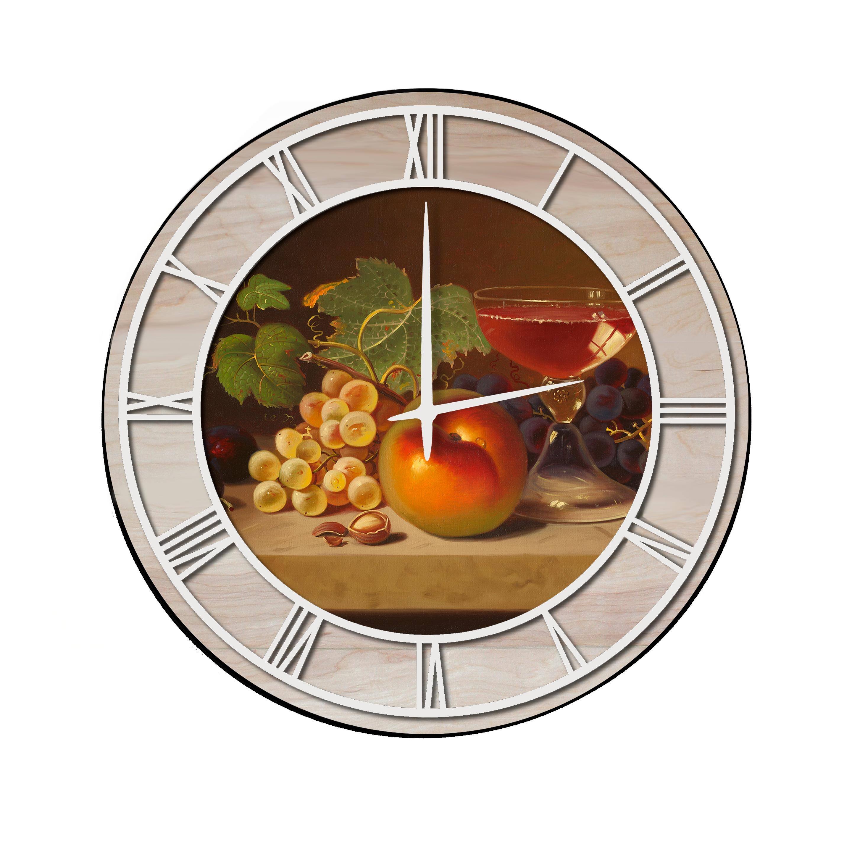 Wall Clock with Natural Woodgrain Accent Fruit & Cocktail White